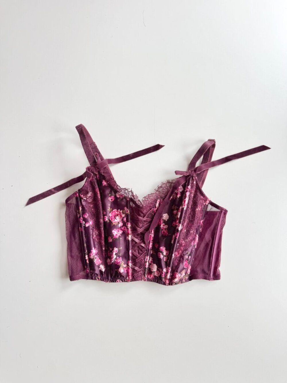 VICTORIA'S SECRET Peony Trellis Maroon Floral Lace Satin Bustier Top, Size M - Picture 4 of 15
